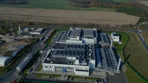 Datacenter exterioir computing infrastructure. Magic aerial view flight drone Stockbeeldmateriaal 321293364