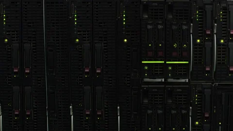 Datacenter with flashing lights, remote storage of information, server racks Video stock 83346511