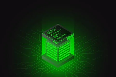 Datacenter isometric vector illustration. Computer storage or farming worksta Stock Illustration