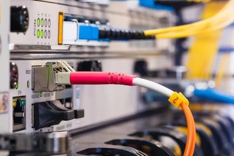 Datacenter Network Devices Switch With Fibre Cable Stock Photos