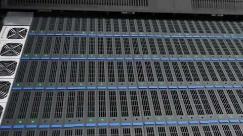 Datacenter rack with servers, digital 3D render in vertical Stock Footage 232443220