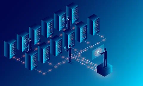 Datacenter server room cloud storage technology and big data processing Prote Stock Illustration