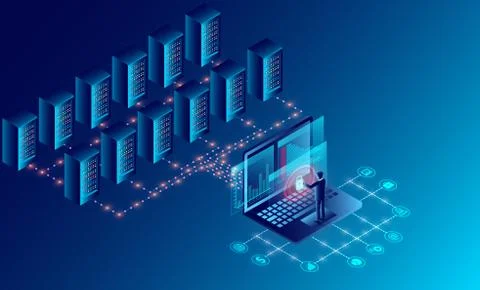 Datacenter server room cloud storage technology and big data processing Prote Stockillustratie