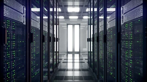 Datacenter server room walkthrough animation, 4K Stockbeeldmateriaal 87599160