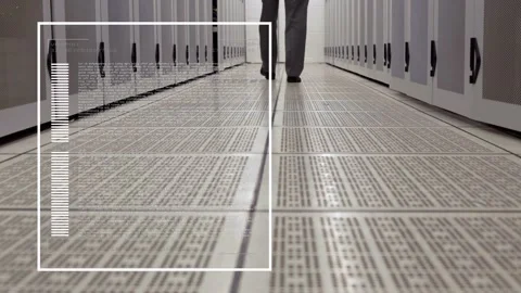 Datacenter tech stepping, step initiating HUD expanding while walking over Stock Footage 332566386