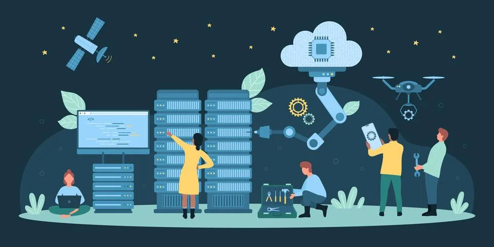 Datacenter technology, AI, hardware and software dark concept Stock Illustration