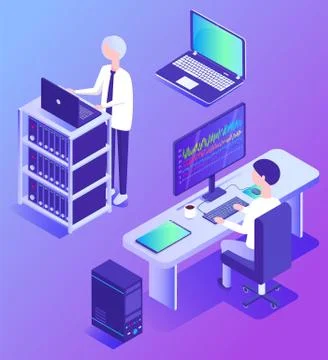 Datacenter Technology and Workers Analyzing Info Stock Illustration