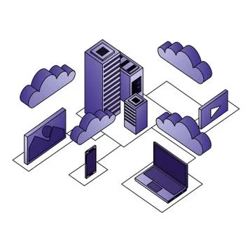 Dataserver center smartphone laptop cloud storage tranfer process network data Stockillustratie