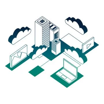 Dataserver center smartphone laptop cloud storage tranfer process network data イラスト素材