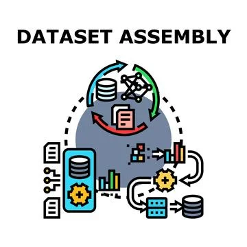 Dataset assembly process creating structured information flow Stock Illustration