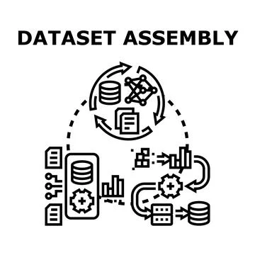 Dataset assembly process creating structured information flow Illustrazione stock