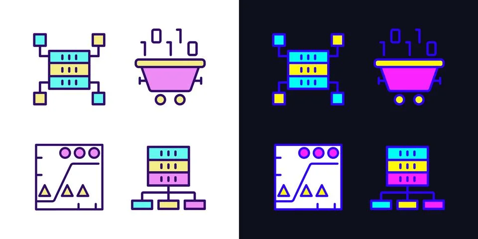 Dataset processing light and dark theme RGB color pixel perfect icons set Stock Illustration