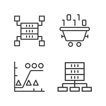 Dataset processing linear perfect pixel icons set Stock Illustration