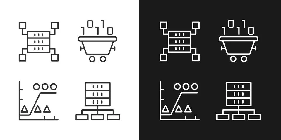 Dataset processing linear pixel perfect icons set for dark and light mode Stock Illustration