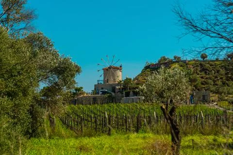 DATCA, MUGLA, TURKEY: The old Turkish windmill Datca Vineyard, now a cafe and Stock Photos
