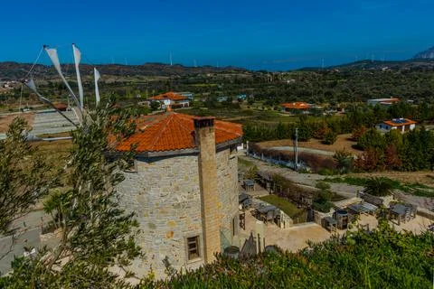 DATCA, MUGLA, TURKEY: The old Turkish windmill Datca Vineyard on a sunny day, Stock Photos