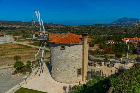 DATCA, MUGLA, TURKEY: The old Turkish windmill Datca Vineyard on a sunny day, Stock Photos