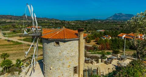 DATCA, MUGLA, TURKEY: The old Turkish windmill Datca Vineyard on a sunny day, Stock Photos