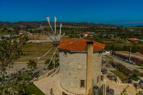 DATCA, MUGLA, TURKEY: The old Turkish windmill Datca Vineyard on a sunny day, Stock Photos