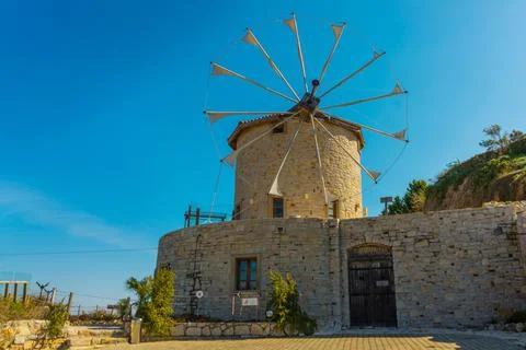 DATCA, MUGLA, TURKEY: The old Turkish windmill Datca Vineyard, now a cafe and Stock Photos