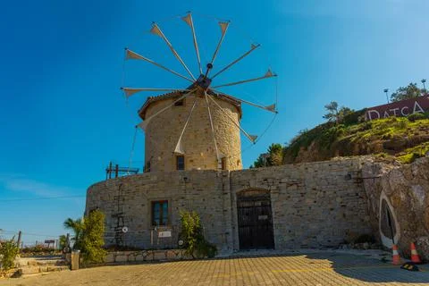 DATCA, MUGLA, TURKEY: The old Turkish windmill Datca Vineyard on a sunny day, Stock Photos