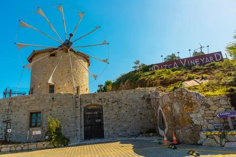 DATCA, MUGLA, TURKEY: The old Turkish windmill Datca Vineyard, now a cafe and Stock Photos