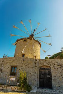 DATCA, MUGLA, TURKEY: The old Turkish windmill Datca Vineyard on a sunny day, Stock Photos