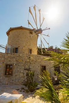 DATCA, MUGLA, TURKEY: The old Turkish windmill Datca Vineyard, now a cafe and Stock Photos