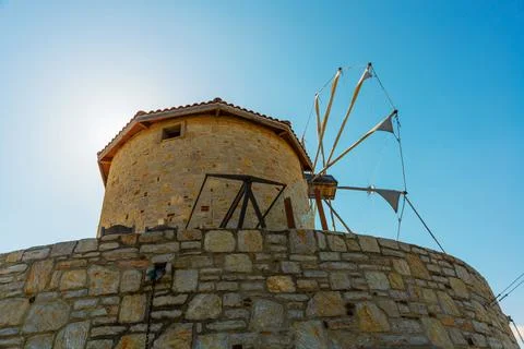 DATCA, MUGLA, TURKEY: The old Turkish windmill Datca Vineyard, now a cafe and Stock Photos