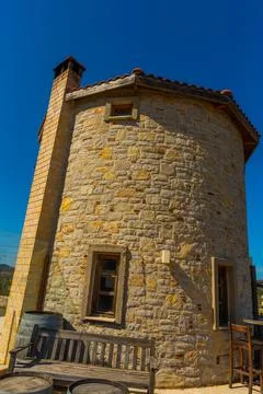 DATCA, MUGLA, TURKEY: The old Turkish windmill Datca Vineyard, now a cafe and Stock Photos