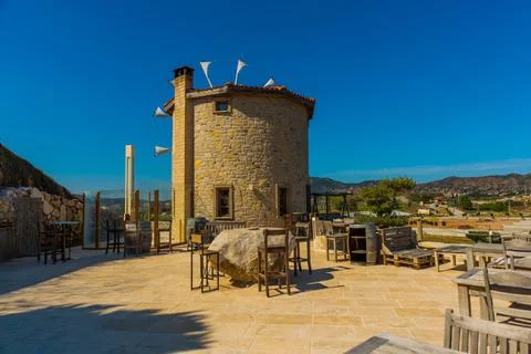 DATCA, MUGLA, TURKEY: The old Turkish windmill Datca Vineyard, now a cafe and Stock Photos