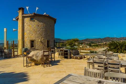 DATCA, MUGLA, TURKEY: The old Turkish windmill Datca Vineyard, now a cafe and Stock Photos