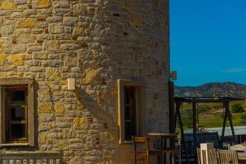 DATCA, MUGLA, TURKEY: The old Turkish windmill Datca Vineyard, now a cafe and Stock Photos