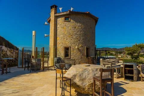 DATCA, MUGLA, TURKEY: The old Turkish windmill Datca Vineyard, now a cafe and Stock Photos