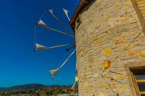 DATCA, MUGLA, TURKEY: The old Turkish windmill Datca Vineyard, now a cafe and Stock Photos