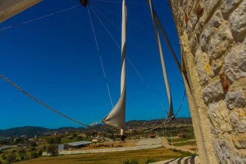 DATCA, MUGLA, TURKEY: The old Turkish windmill Datca Vineyard, now a cafe and Stock Photos