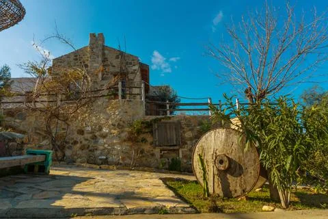 DATCA, MUGLA, TURKEY: View of Eski Datca street with old stone houses. Stock Photos
