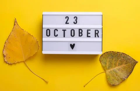 Date and october message with yellow leaves on bright yellow background Stock Photos