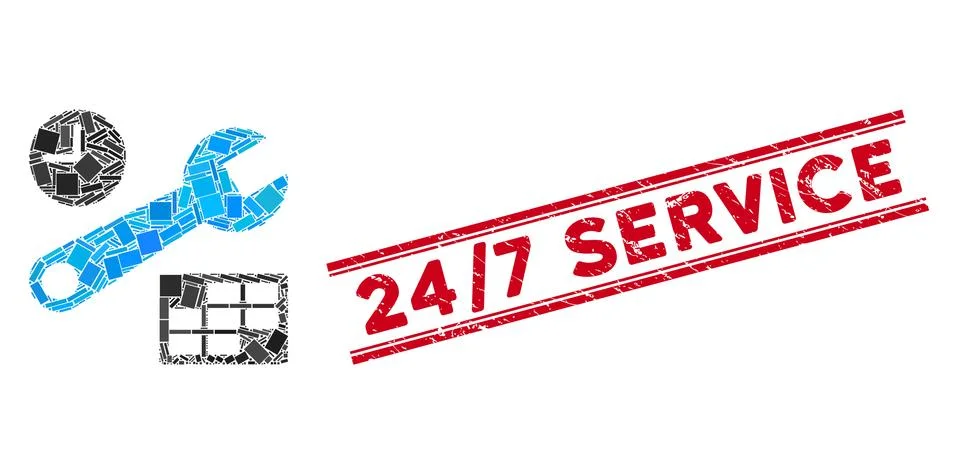 Date and Time Setup Mosaic and Scratched 24/7 Service Stamp Seal with Lines Stock-Illustration