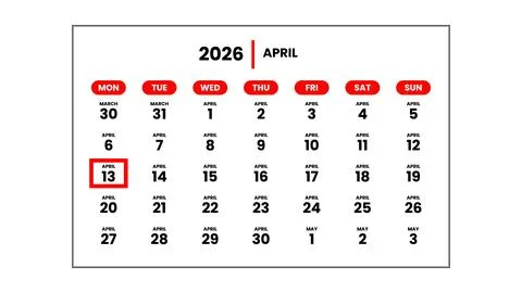 The date April 13th, 2026 Stock Illustration