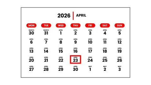 The date April 23th, 2026 Stock Illustration