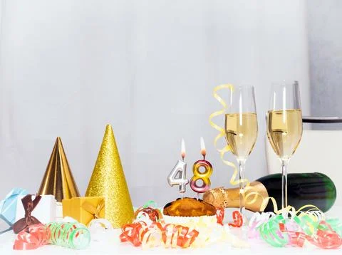 Date of Birth  48. Festive background with a bottle of champagne. Festive C.. Stock Photos