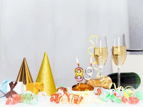 Date of Birth  89. Festive background with a bottle of champagne. Festive C.. Stock Photos