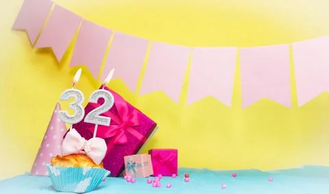 Date of birth with cake and number  32. Colorful card happy birthday for a .. Stock Photos