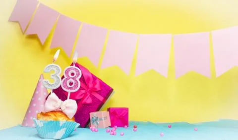 Date of birth with cake and number  38. Colorful card happy birthday for a .. Stock Photos