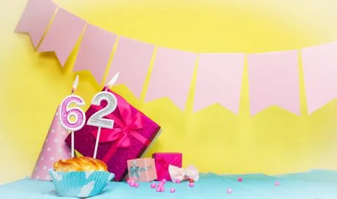 Date of birth with cake and number  62. Colorful card happy birthday for a .. Stock Photos