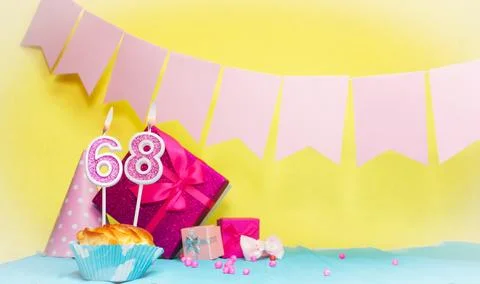 Date of birth with cake and number  68. Colorful card happy birthday for a .. Stock Photos