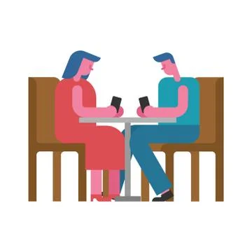 Date in cafe with phone. Virtual date smartphone. rendezvous at table. Man an Illustration