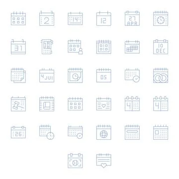 Date Comprehensive Vector Bundle with 32 Pixel Optimized Thin Line Retina R.. Stock Illustration