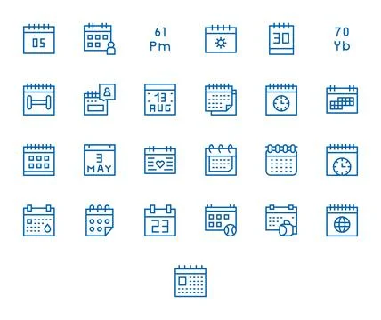 Date Essential Vector Set including 25 PIXEL Perfect Regular Line 128x128 Ico Stock Illustration